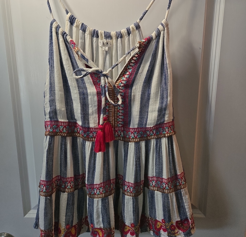 THML White and Navy Stripe Tiered Spaghetti Strap Dress